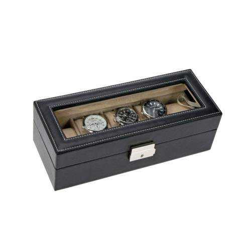 Estuche vitrina para relojes y joyas de piel negra
