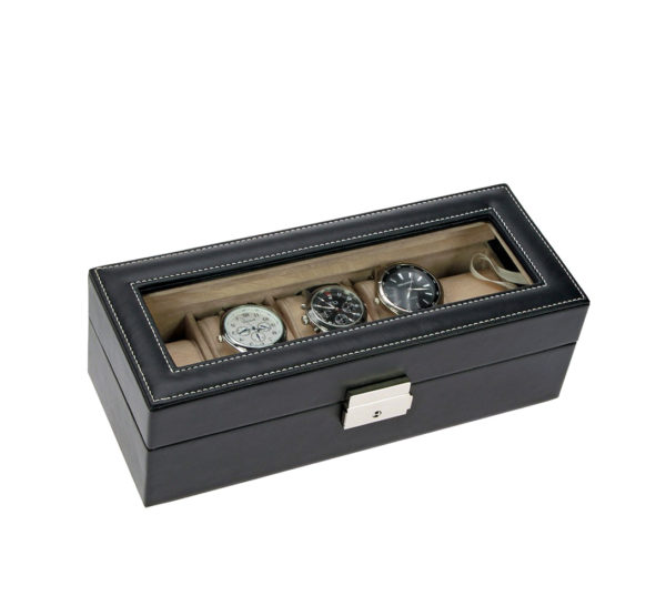 Estuche vitrina para relojes y joyas de piel negra