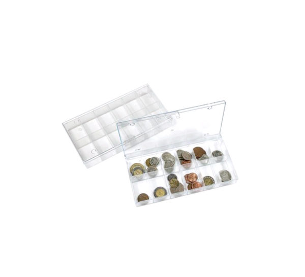 Caja clasificadora apilable con doce separaciones  abierta y vacia
