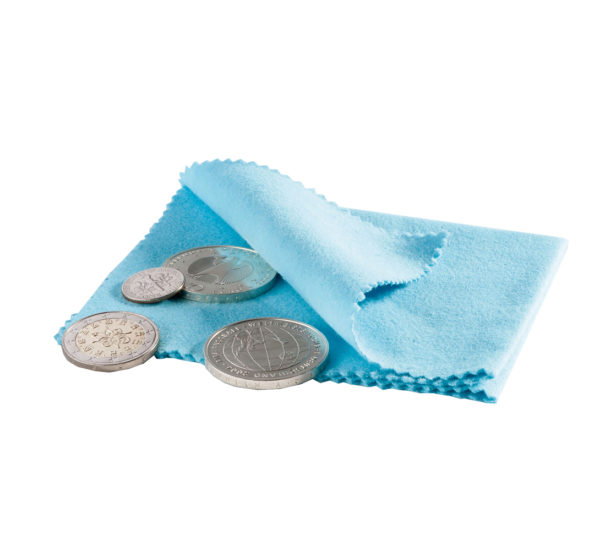 Gamuza para pulir metales azul con monedas